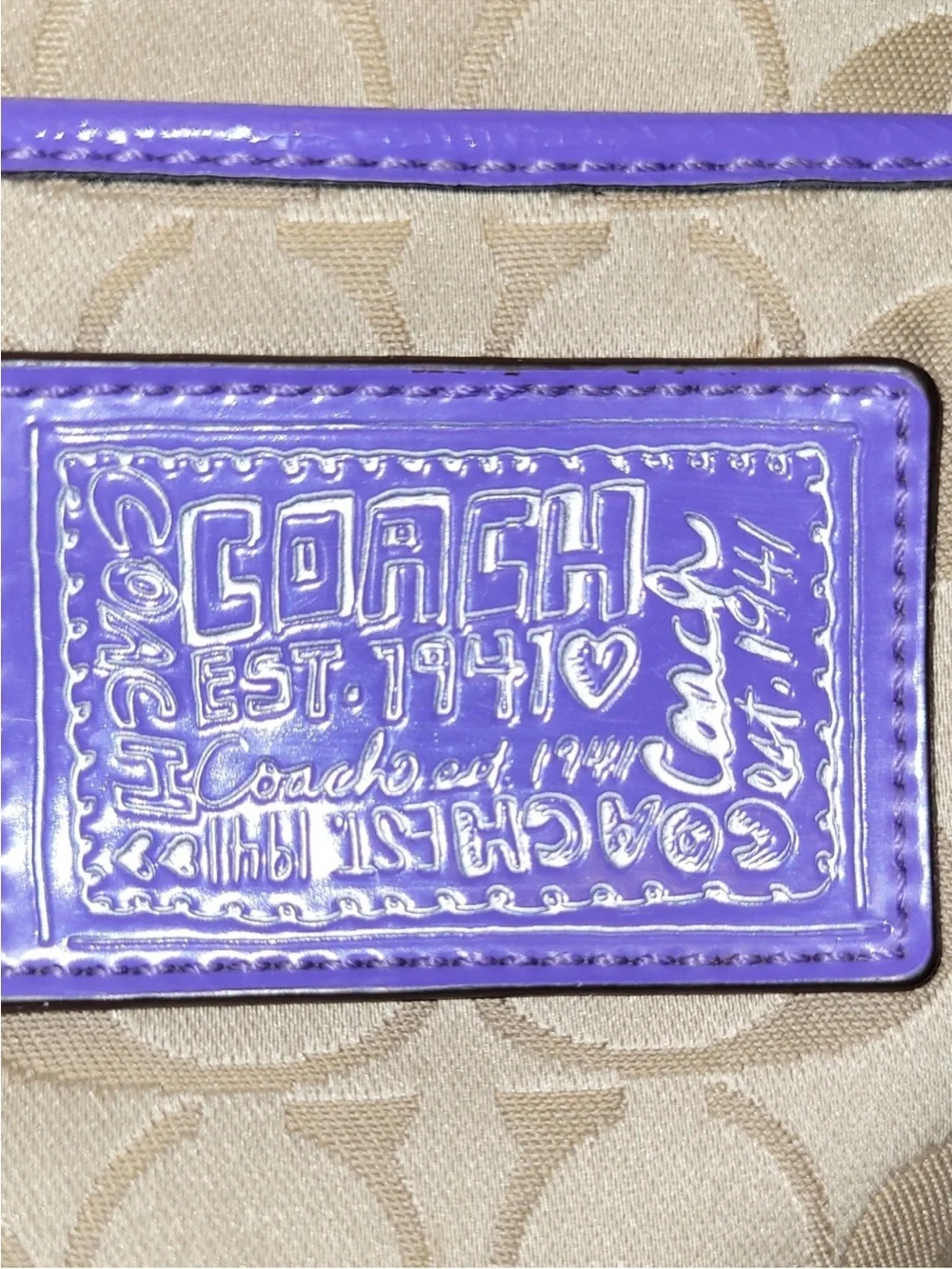 Coach Poppy Beige Signature Crossbody with Purple Trim